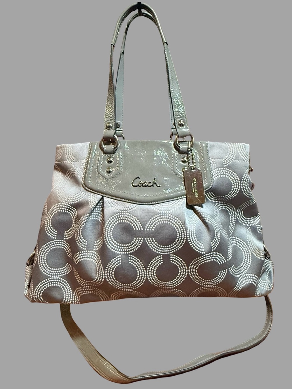 Authentic Coach Ashley Dotted Op Art Satchel / Carryall – Metallic Silver Grey